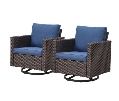 Pocassy 2-Piece Brown Wicker Patio Swivel Outdoor Rocking Chair and Ottoman Set with Blue Cushions - Lot 32JF