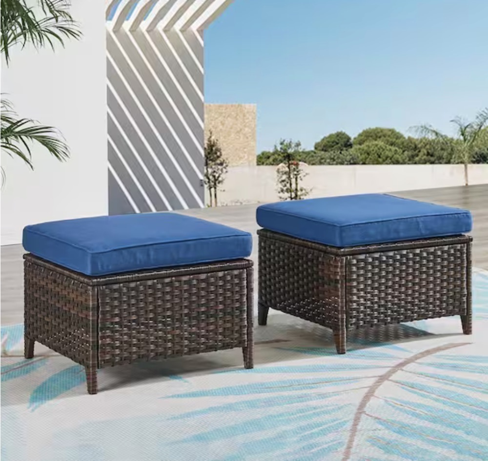 Pocassy 2-Piece Brown Wicker Patio Swivel Outdoor Rocking Chair and Ottoman Set with Blue Cushions - Image 2 - Lot 32JF