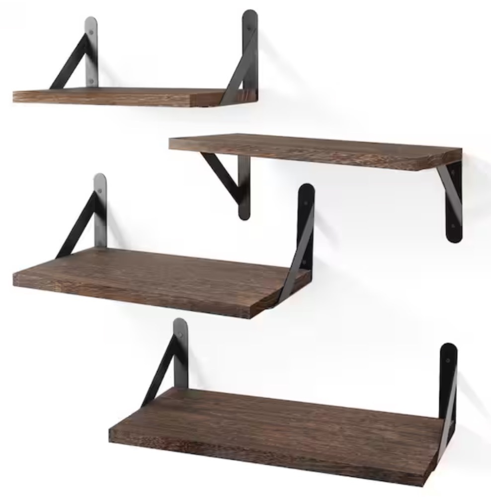 Angel Sar 4-Piece Different Sizes Wall Mounted Wood Floating Shelves for Home, Dark Carbonized Brown - Image 1 - Lot 301JF