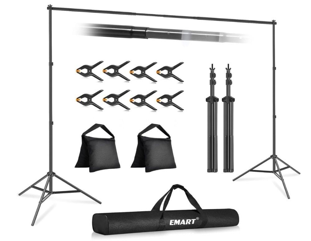 EMART Backdrop Stand 10 x 7 ft. Photo Studio Adjustable Background Stand Support kit with 2 Crossbars, 8 Clamps, 2 Sandbags and Carry Bag - Image 1 - Lot 711