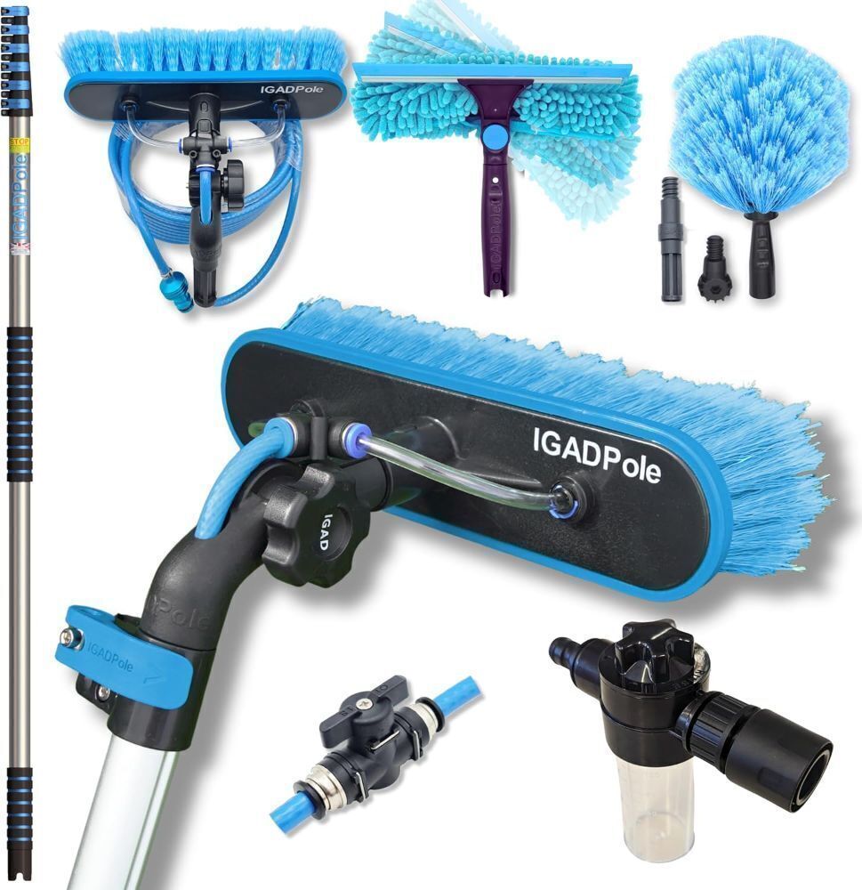 24ft IGADPole Washing Kit: Water-fed Brush, Cobweb Duster and 10” Squeegee and Soap Dispenser, with 6-Stage Telescoping Pole 5-24ft Pole - Image 1 - Lot 462