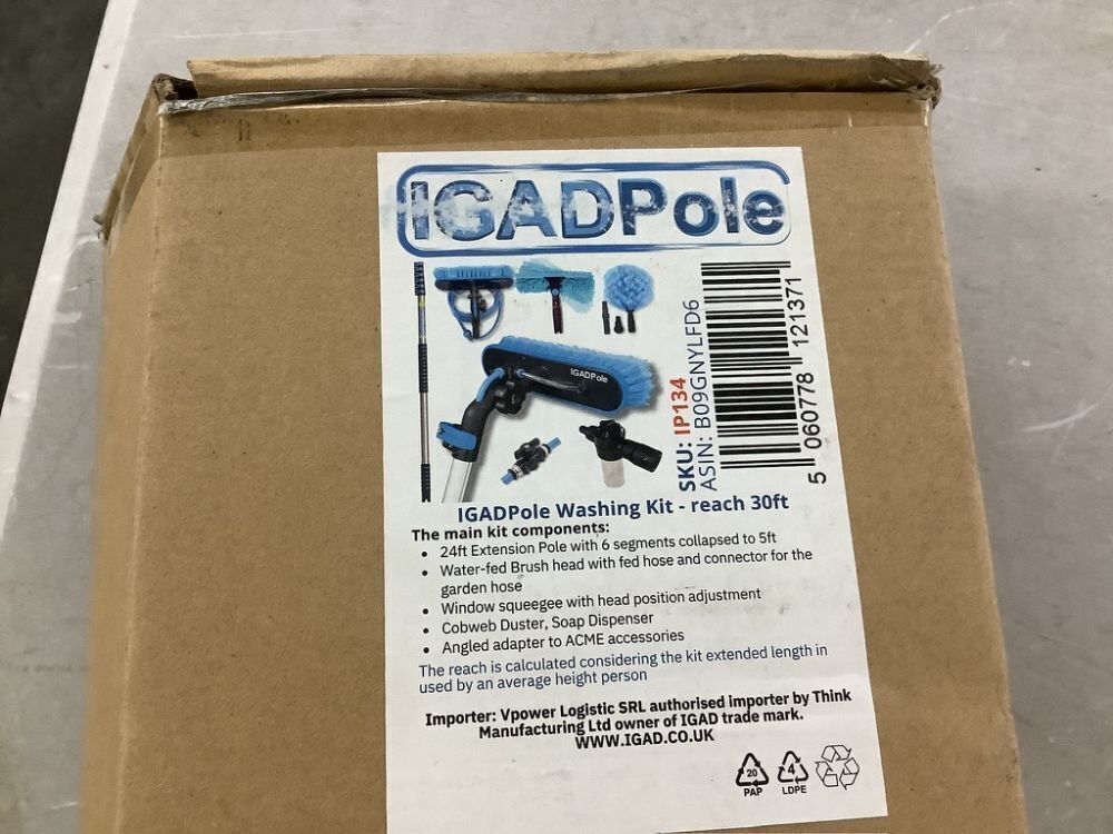 24ft IGADPole Washing Kit: Water-fed Brush, Cobweb Duster and 10” Squeegee and Soap Dispenser, with 6-Stage Telescoping Pole 5-24ft Pole - Image 6 - Lot 462