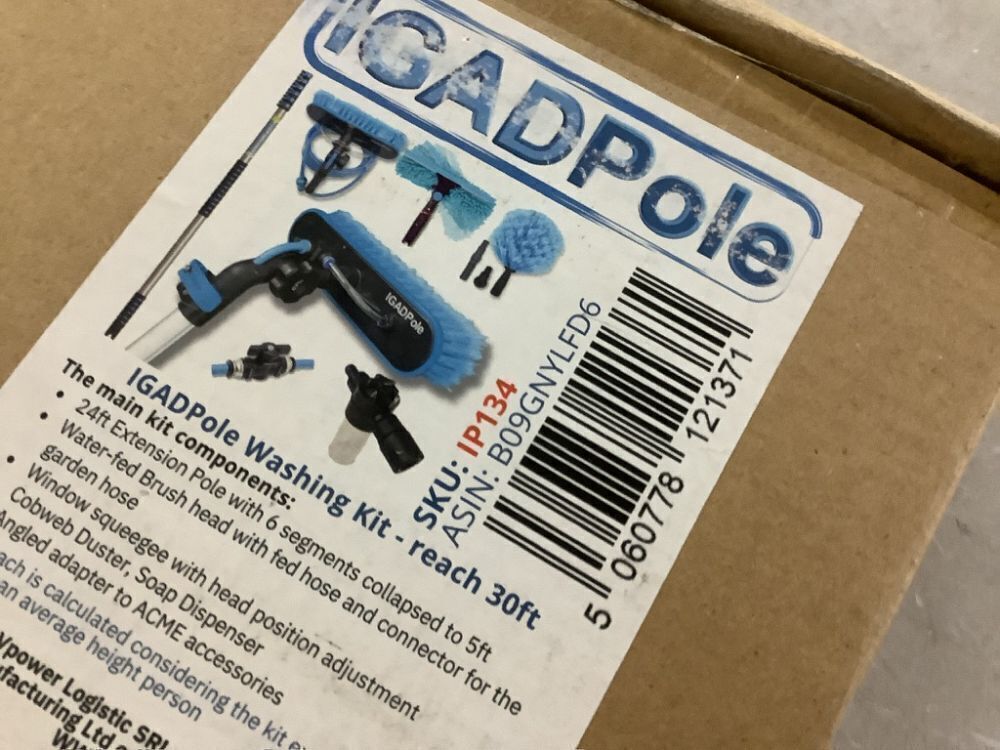 24ft IGADPole Washing Kit: Water-fed Brush, Cobweb Duster and 10” Squeegee and Soap Dispenser, with 6-Stage Telescoping Pole 5-24ft Pole - Image 7 - Lot 462