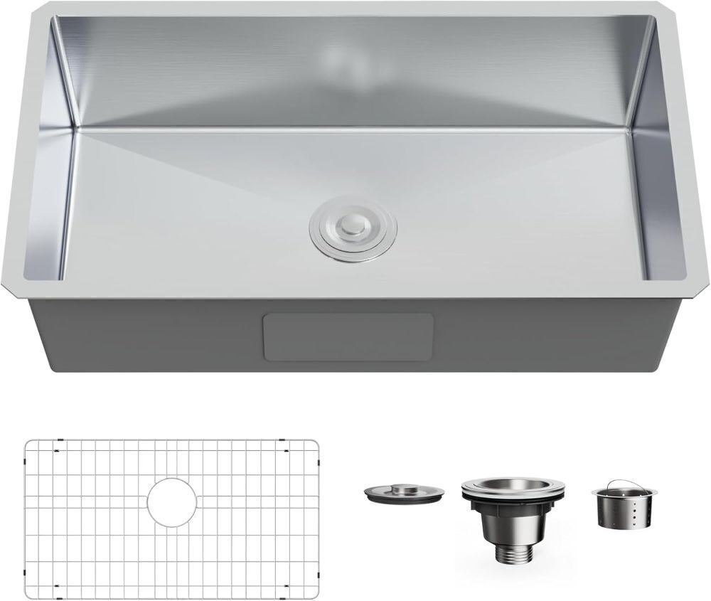 Undermount Single Bowl Kitchen Sink, 32” x 19" Deep Sink with Drain Kit and Bottom Grid, Brushed - Image 1 - Lot 731