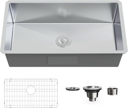 Undermount Single Bowl Kitchen Sink, 32” x 19" Deep Sink with Drain Kit and Bottom Grid, Brushed - Lot 731