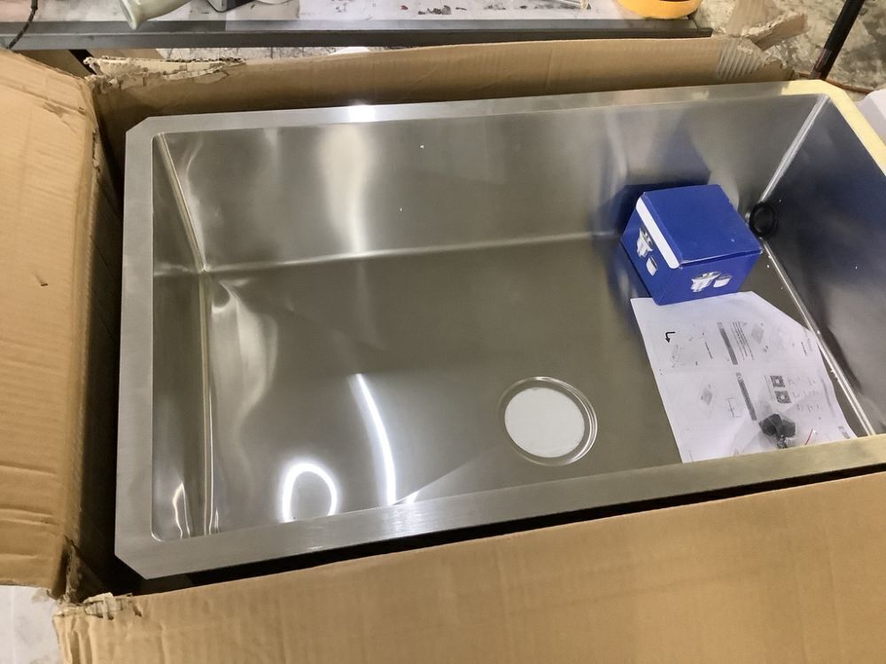Undermount Single Bowl Kitchen Sink, 32” x 19" Deep Sink with Drain Kit and Bottom Grid, Brushed - Image 4 - Lot 731