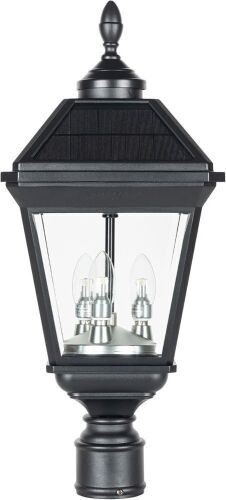 Gama Sonic Imperial Solar Post Light, Black Aluminum and Glass, Triple Candelabra Bulb with 3-inch Fitter for Lamp Poles, Warm White 2700K, 37BC50012 - Lot 414