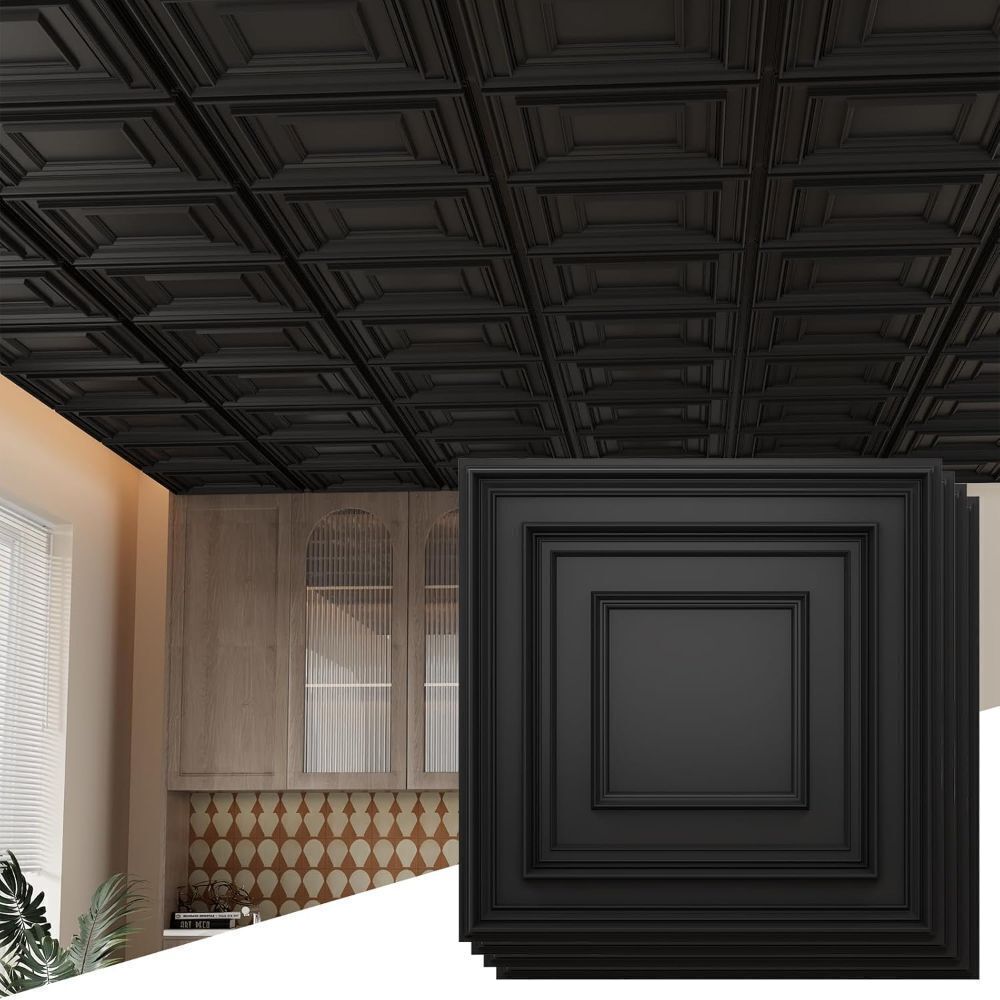 24 PCS 24 X 24 Inch Black Drop Ceiling Tiles, 2Ft X 2Ft PVC 3D Decorative Ceiling Panels, Waterproof Washable Plastic Ideal for Living Room Garage Basement Bedroom Cover 96 Sq.Ft - Image 1 - Lot 7787