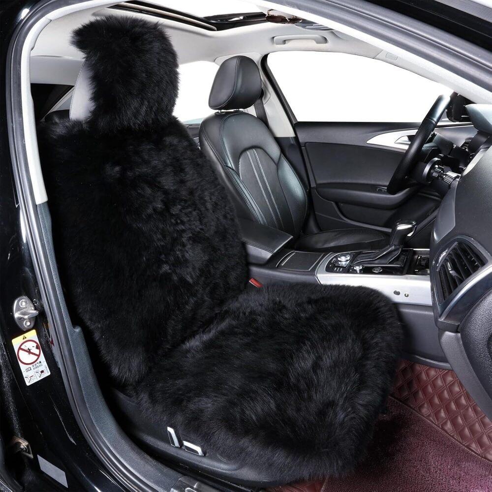 Fluffy Sheepskin Car Seat Cover, Fuzzy Long Wool Front Auto Cushion, Universal Fits Most Vehicle SUV Truck Minivan, Airbag Compatible (Black) - Image 1 - Lot 8084