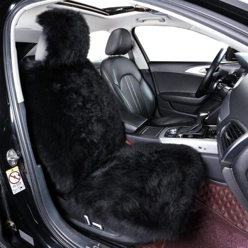 Fluffy Sheepskin Car Seat Cover, Fuzzy Long Wool Front Auto Cushion, Universal Fits Most Vehicle SUV Truck Minivan, Airbag Compatible (Black) - Lot 8084