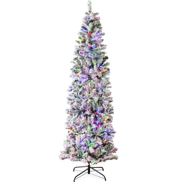 Pre-Lit Snow Flocked Artificial Pencil Christmas Tree w/ Multicolor Lights - Image 1 - Lot 8573