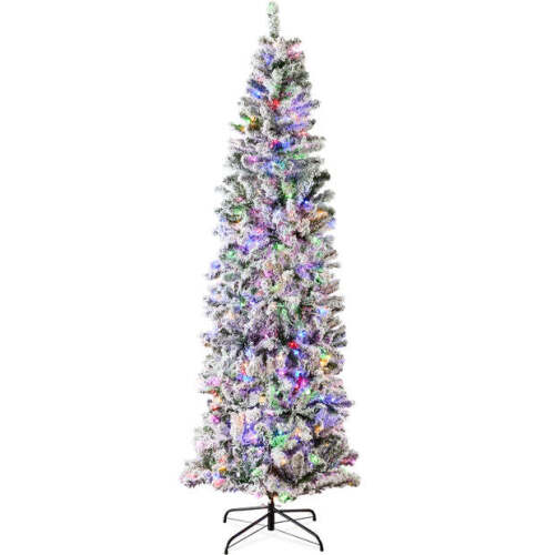 Pre-Lit Snow Flocked Artificial Pencil Christmas Tree w/ Multicolor Lights - Lot 8573