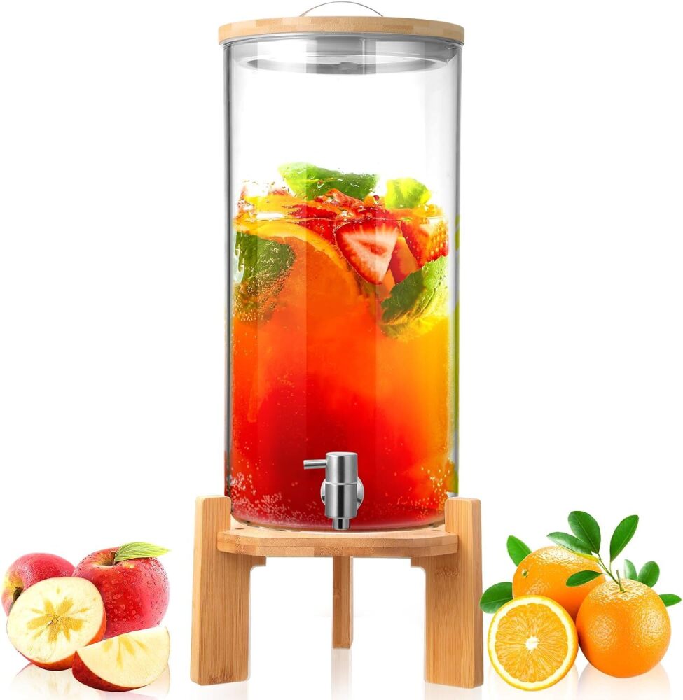 Maxcheck 2.9 Gallon Beverage Dispenser 11 L Glass Drink Dispenser with Wood Stand Spigot Lid Large Drink Container Lemonade Jar for Picnic Bar Restaurant Store - Image 1 - Lot 8711