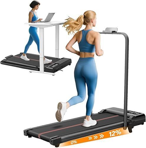 Walking Pad Treadmill with 12% Incline and Handle Bar, 3.0HP Folding Foldable Treadmills for Home Small, Portable Small Treadmill with Handles. Small Treadmills with Incline and Remote, 320LB Capacity - Lot 8735