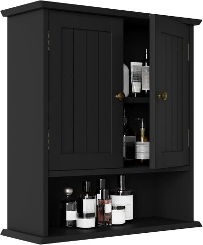Smuxee Black Wall Cabinet, Small, 2-Door Medicine Cabinet with Adjustable Shelves, Over Toilet, For Kitchen and Laundry Rooms - Lot 8745