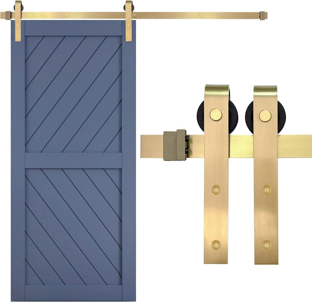 Rio Salto Gold Barn Door Hardware Kit Sliding Hardware Modern Barn Interior Gold Brushed Brass Panel Hardware - 5ft - Hardware ONLY (Hardware Kit, 5 Feet - Single Door) - Image 1 - Lot 8756