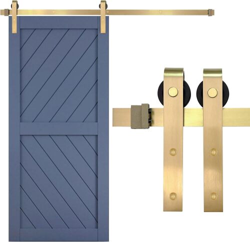 Rio Salto Gold Barn Door Hardware Kit Sliding Hardware Modern Barn Interior Gold Brushed Brass Panel Hardware - 5ft - Hardware ONLY (Hardware Kit, 5 Feet - Single Door) - Lot 8756