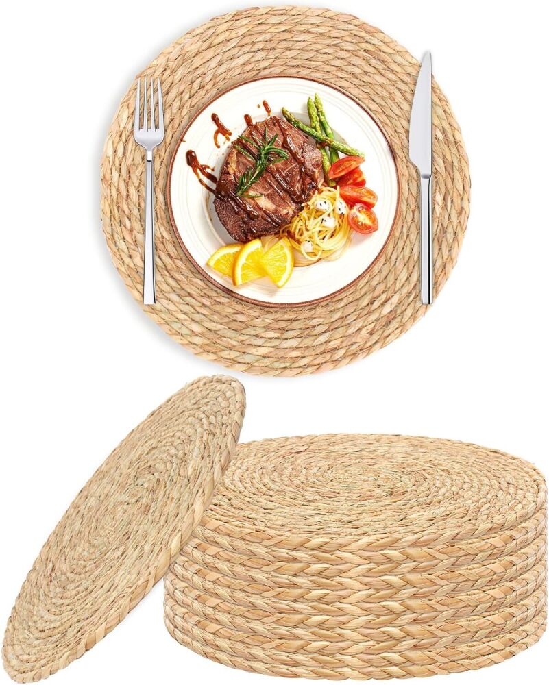 Round Woven Placemats Set of 12, 13.8 Inch Natural Rattan Placemats Hand-Woven Water Hyacinth Placemats Farmhouse Rustic Braided Boho Wicker Table Mats for Dining Table Wedding Home - Image 1 - Lot 8796