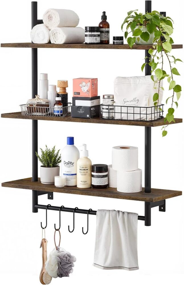 Floating Shelves for Wall Kitchen Shelves 3 Tiers Industrial Pipe Shelving 31.5 Inch Wall Shelves for Living Room,Laundry Room,Storage Hanging Shelf with Towel Bar for Bathroom Organizer - Image 1 - Lot 8591