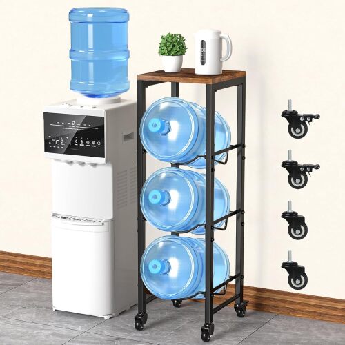 5 Gallon Water Bottle Jug Holder 3-Tier Water Bottle Holder Organizer with Lockable Casters Heavy Duty Water Storage Rack Water Dispenser Stand With Wood Top Shelf for Kitchen Office Garage Brown - Lot 8593