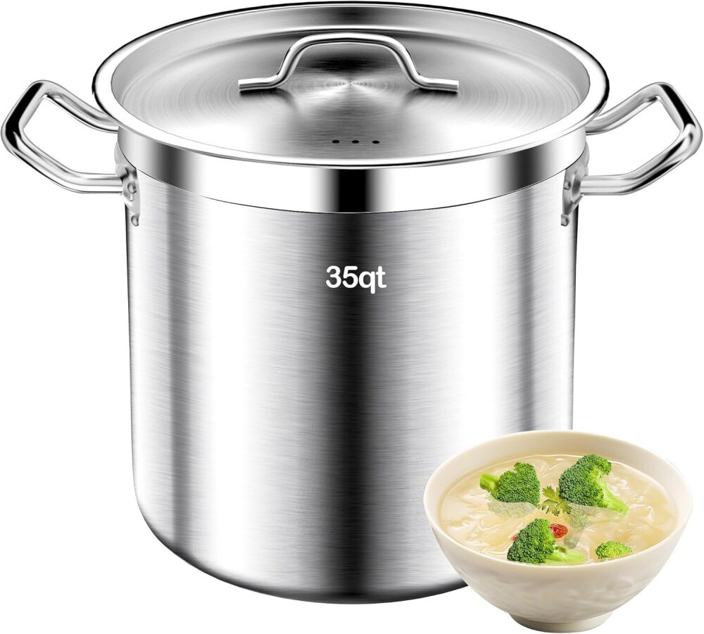 Large Cooking Pot, 35 Quart Heavy Duty Induction Soup Pot With Stainless Steel Lid Commercial Grade Stock Pot for Soup, Stew, Canning, Even Heat Distribution - Image 1 - Lot 8598