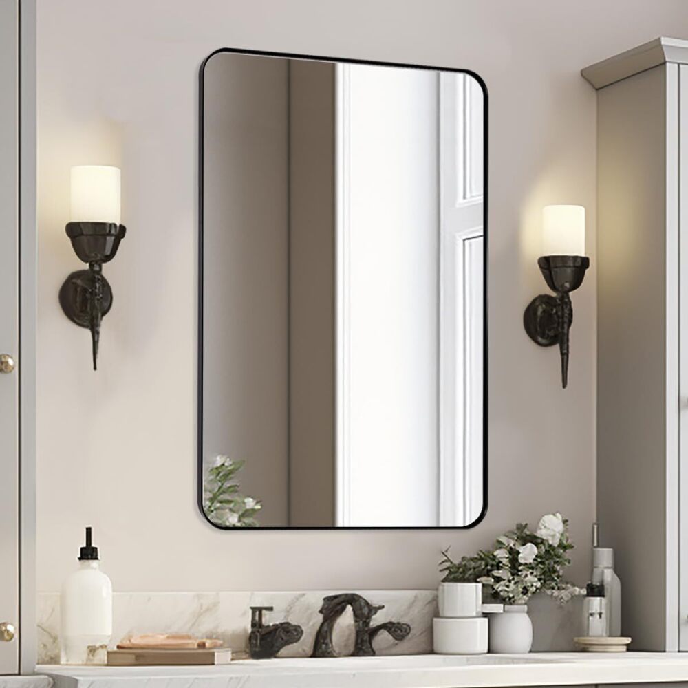 MIRRORART Black Bathroom Mirror 24"x40", Modern Round Corner Bathroom Vanity Mirror, Matte Black Wall Mirror for Bedroom, Living Room, Shatterproof, Anti-Rust, Wall Mounted Horizontal or Vertical - Image 1 - Lot 8628