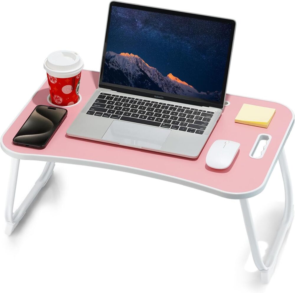 Laptop Bed Desk, Foldable Lap Table, Portable Study Table, Laptop Stand with Cup Holder & Tablet Slot & Lifting Handle for Working Writing Drawing & Eating - Image 1 - Lot 8655
