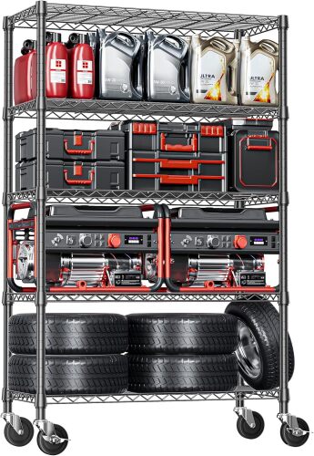IZEUK 5-Tier Adjustable Heavy Duty Steel Wire Shelving Unit with Wheels, Storage Rack Organizer for Garage, Kitchen, Office, Laundry, Basement - Lot 8662