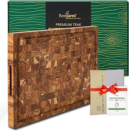 BEEFURNI Teak Wood End Grain Cutting Board (XL, 24x17x1.5"), Extra Large Wooden Cutting Board for Kitchen, Serving & Charcuterie Boards, Premium Wood - Lot 8706