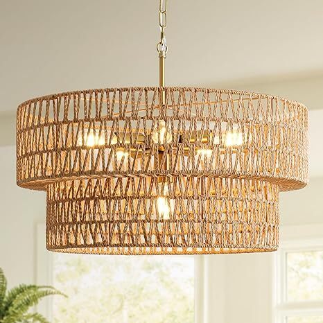 Boho Rattan Chandelier, 6-Light Large Rattan Pendant Light with 2-Tier Wicker Shade, Bohemian Farmhouse Ceiling Light Fixture Chandelier for Dining Room, Living Room, Bedroom, Kitchen Island - Lot 8727