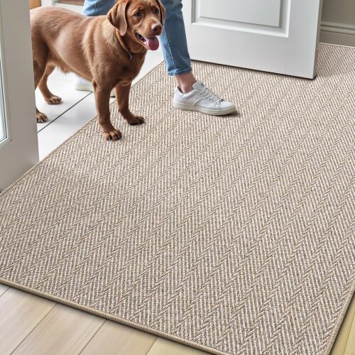 LUMI Ultra Thin Indoor Door Mat for Entrance 48"x72", Non Slip Entryway Mat, Low Profile Doormat, Unique Herringbone Design Carpet for Inside, Patio, Porch, Beige - Lot 8738