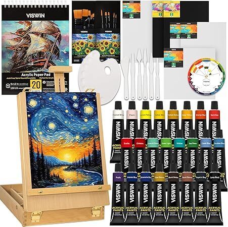VISWIN 62 Pcs Acrylic Paint Set with Easel Box, Painting Kit with 24 Acrylic Paints, Canvases, Brushes, Palette, Paper Pad, Art Supplies, Art Set Gift for Adults, Kids, Beginners, Artists - Lot 8752