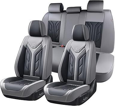 Coverado Car Seat Covers Full Set, Automotive Seat Covers Car Seat Protector Car Seat Cushion, Waterproof Leather Seat Covers for Cars, Universal Fit for Most Sedans SUV Pick-up Truck(Gray&Black, red stitch) - Lot 8772