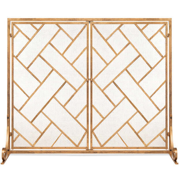 2-Panel Wrought Iron Geometric Fireplace Screen w/ Magnetic Doors - 44x33in - Image 1 - Lot 8779