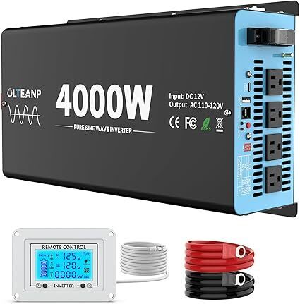 New Upgraded 4000 Watts Pure Sine Wave Inverter, 12V DC to 110V AC Power Inverter with 4 AC Outlets, USB Port, Type-C Port for Truck, Vehicle, Power Outage, Remote Control with LCD Screen - Lot 8788