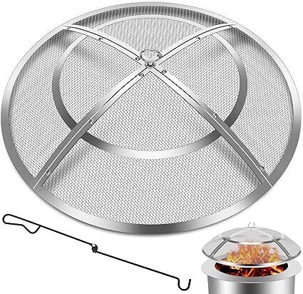 Fire Pit Spark Screen,36 Inch Fire Pit Screen Cover Stainless Steel Outdoor with Handle&Poker,Firepit Screens Cover Round Mesh Lid Heavy-Duty Steel Replacement for Backyard/Beach/RV Camping - Lot 8793