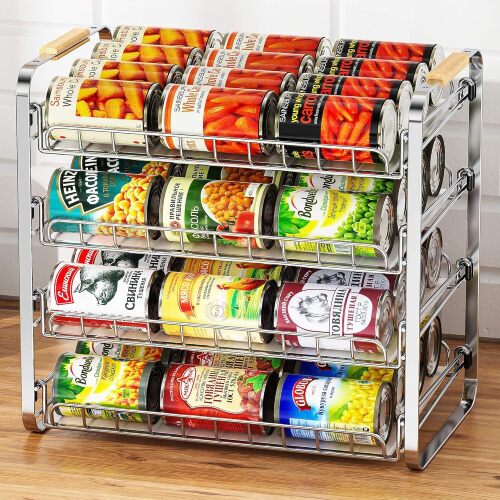 MAXIFFE 4 Tier Can Organizer for Pantry, 16.9" W×11.5" D×16.7" H, Space-Saving Adjustable Metal Hold 40 Standard 12-oz Cans Storage Rack Holder for Countertop Kitchen Soda Drinks Fruits, Chrome - Lot 8795