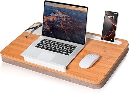 wishacc Oversized Bamboo Lap Desk with Phone/Tablet Slots & Cushion Pillow – Extra-Large Portable Laptop Stand for Home, Office, Bed, Car - Lot 8797