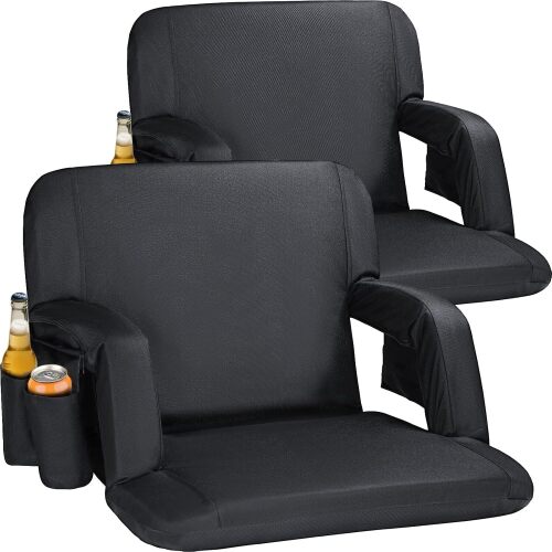 25" Extra Wide Stadium Seats with Back Support, 2 Pack Padded Reclining Bleacher Chairs with Back and Cushion,6 Reclining Positions,2 Steel Bleacher Hooks,Side Pockets & Cup Holders - Lot 8799
