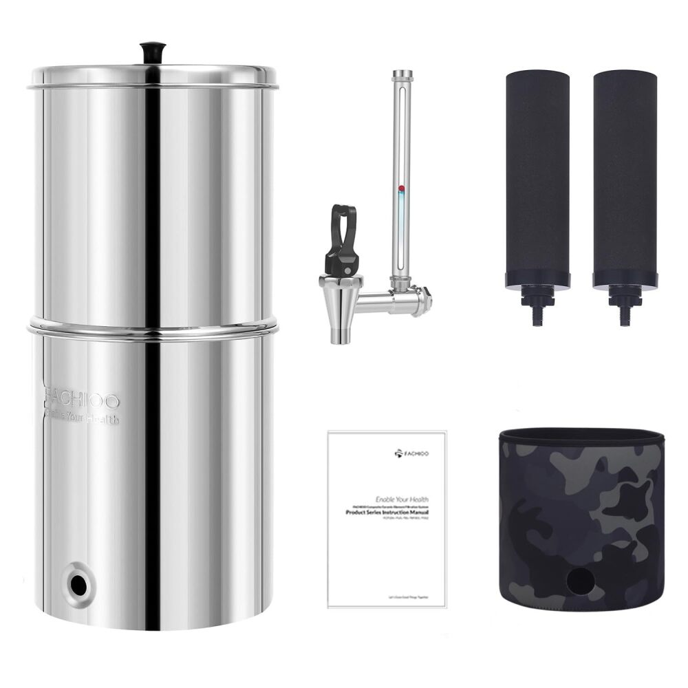 2.25G Gravity Water Filter System, NSF/ANSI 42 Certified, with 2 Black Carbon Filters and Stainless Steel Spigot, Reduce Chlorine, for Home, Camping, RVing, Off-Grid, Emergencies - Image 1 - Lot 8820