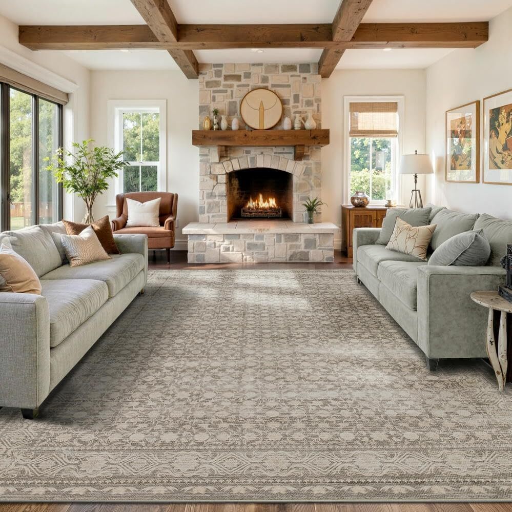 9' x 12' Washable Area Rug for Living Room, Extra Large Neutral Vintage Boho Rugs for Dining Room, Kids Room, Farmhouse, Durable Low Pile Non Slip Carpet for High Traffic Areas - Image 1 - Lot 8826