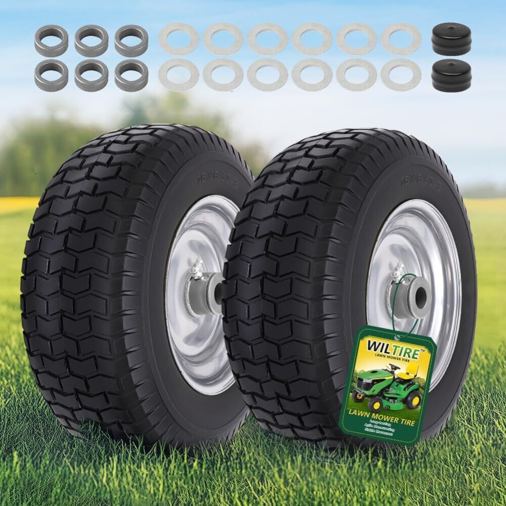 16x6.50-8 Tire and Wheel Assembly (2 Pack),Flat Free Lawn Mower Tires with Rim, Solid Rubber Riding Lawn Mower Tires and Wheels,3" Offset Hub,3/4" Bushings,16x6.5-8 Tractor Turf Tire(Gray) - Image 1 - Lot 8828