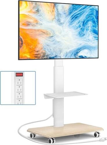 Rfiver Sleek Rolling TV Stand with Power Outlet for Home Decor, Height Adjustable Portable TV Stand on Wheels for 32-75 Inch TVs, Strong Tall Mobile TV Cart with Mount Up to 88 lbs, White - Lot 8832