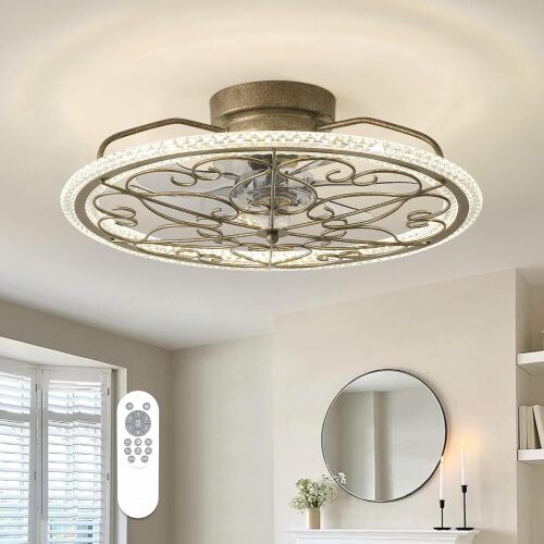 Low Profile Ceiling Fan with Lights 20" Ceiling Fan with Remote Bladeless Ceiling Fan Boho Vintage Flush Mount Ceiling Fan with Light 3 Color Smart LED Dimmable,Handmade Antique Vintage Silver - Lot 8841