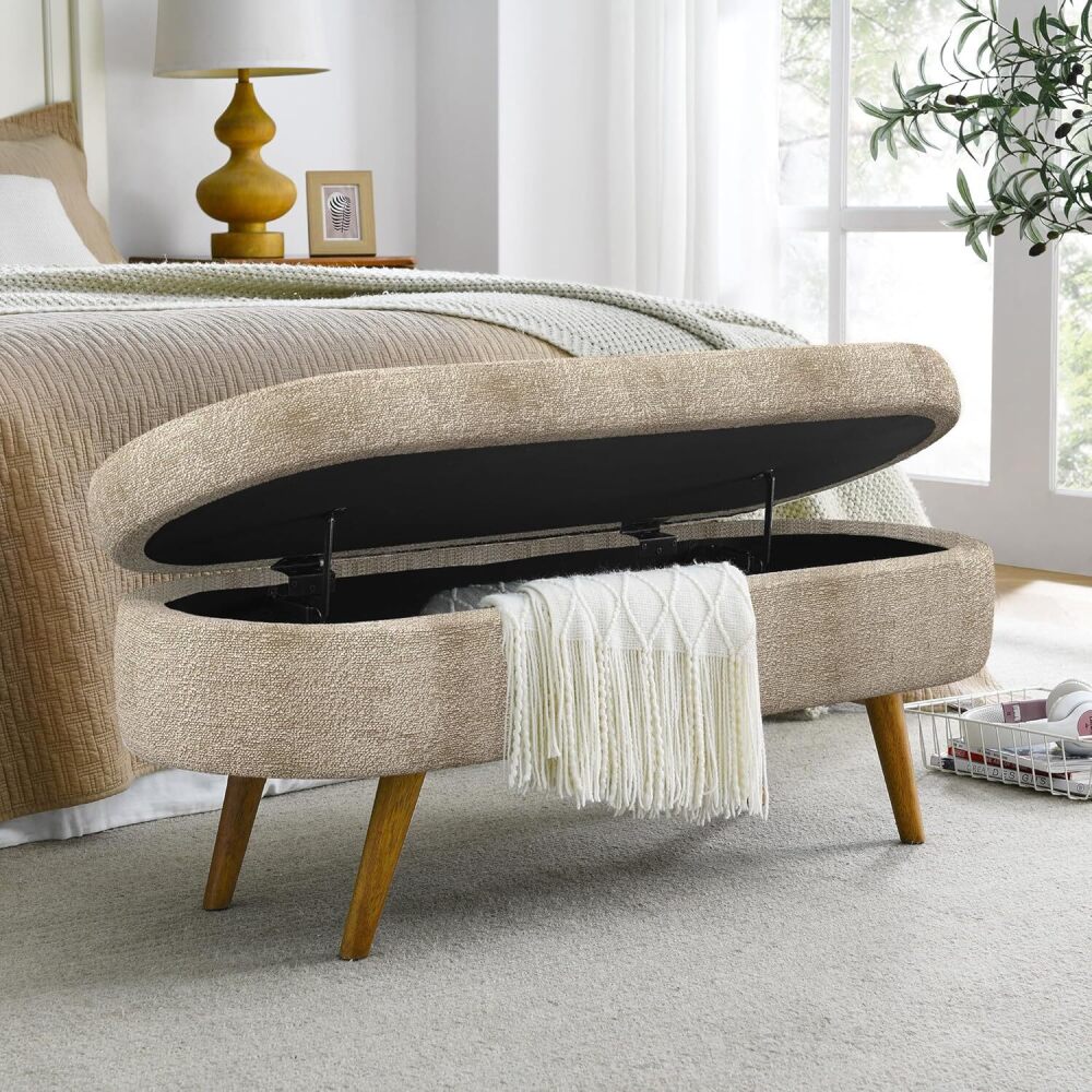 Oval Storage Bench 43.5" Linen Fabric Upholstered Entryway Bench with Solid Wood Legs Ottoman Bench Indoor Bench for Living Room/Bedroom/End of Bed/Entryway - Image 1 - Lot 8846