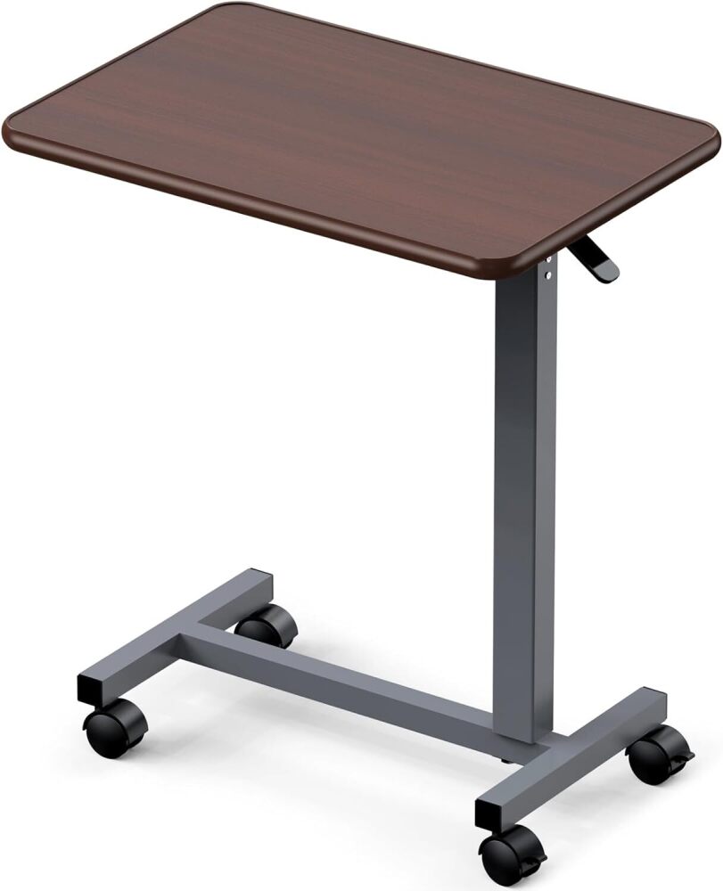 WOTURE Adjustable Overbed Table with Wheels, Bedside Rolling Table, Pneumatic Height Adjustment, Hospital Bed Table on Wheels, Standing Desk, Bedridden & Mobility Needs, Walnut - Image 1 - Lot 8851