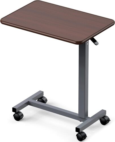 WOTURE Adjustable Overbed Table with Wheels, Bedside Rolling Table, Pneumatic Height Adjustment, Hospital Bed Table on Wheels, Standing Desk, Bedridden & Mobility Needs, Walnut - Lot 8851