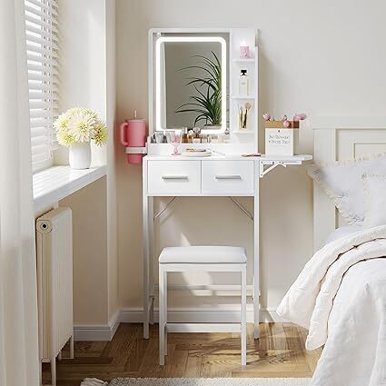 Small Vanity Desk for Compact Space: Mini Makeup Table Set for Bedroom - Tiny White Vanity with Mirror for Girls - Lot 8858