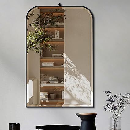 POZINO Beveled Bathroom Mirror, 24"x38" Black Arched Mirror for Over Sink, Modern Rounded Rectangle Mirrors with Stainless Steel Frame, Vanity Oblong Mirrors for Bedroom Living Room Entryway Fireplace - Image 1 - Lot 8877