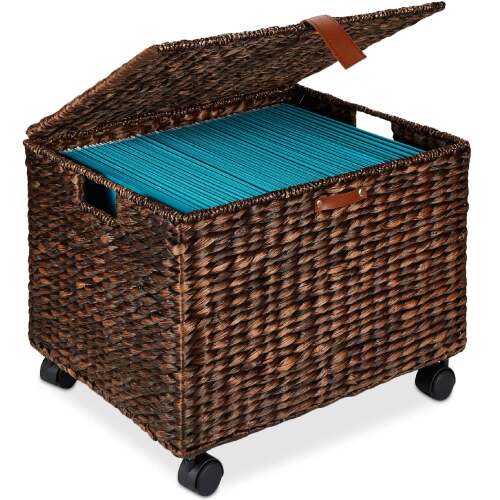Mobile Water Hyacinth Rolling Filing Cabinet Storage Basket w/ Lid, Wheels - Lot 8581